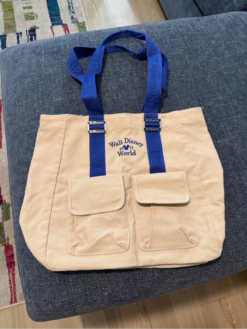 Disney Walt Disney World Beige Canvas Tote with Blue Straps